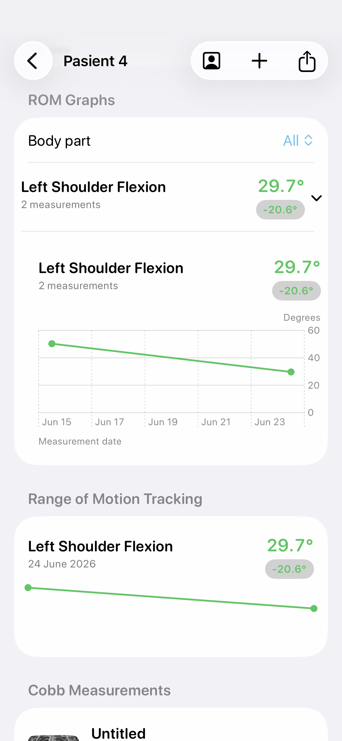 Cobb Angle Pro light mode ROM tracking graph