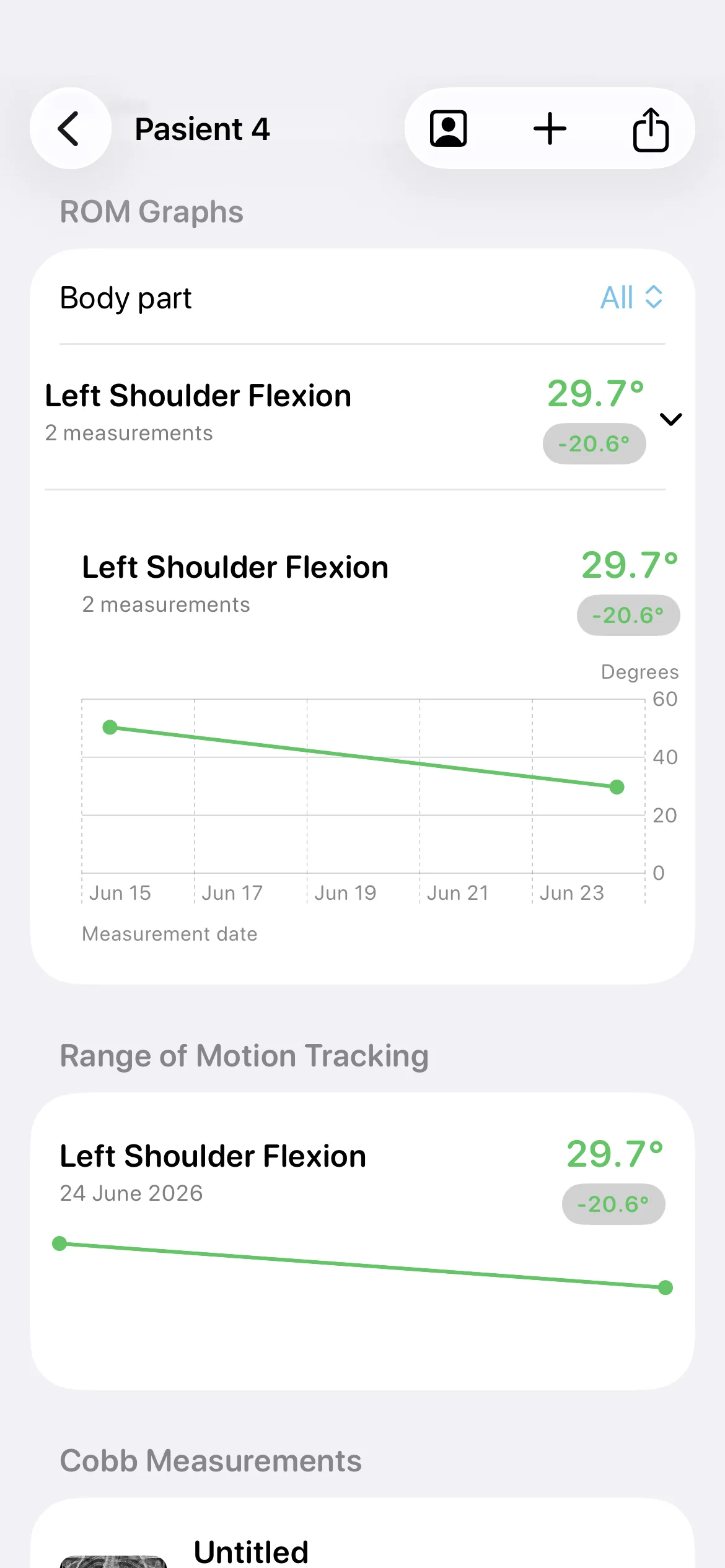 Cobb Angle Pro light mode ROM tracking graph
